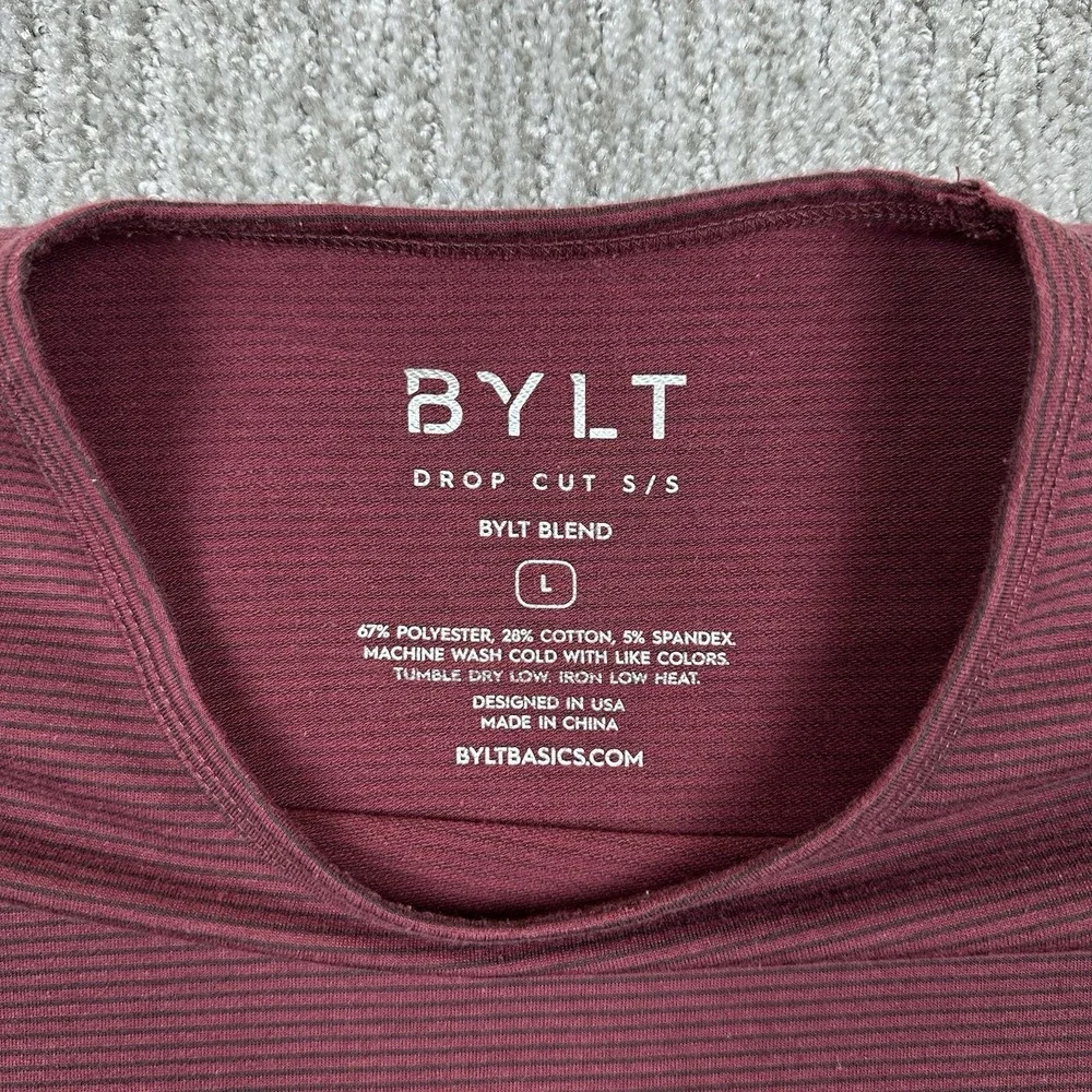BYLT drop cut short sleeve lux crewneck Striped maroon shirt men's L performance